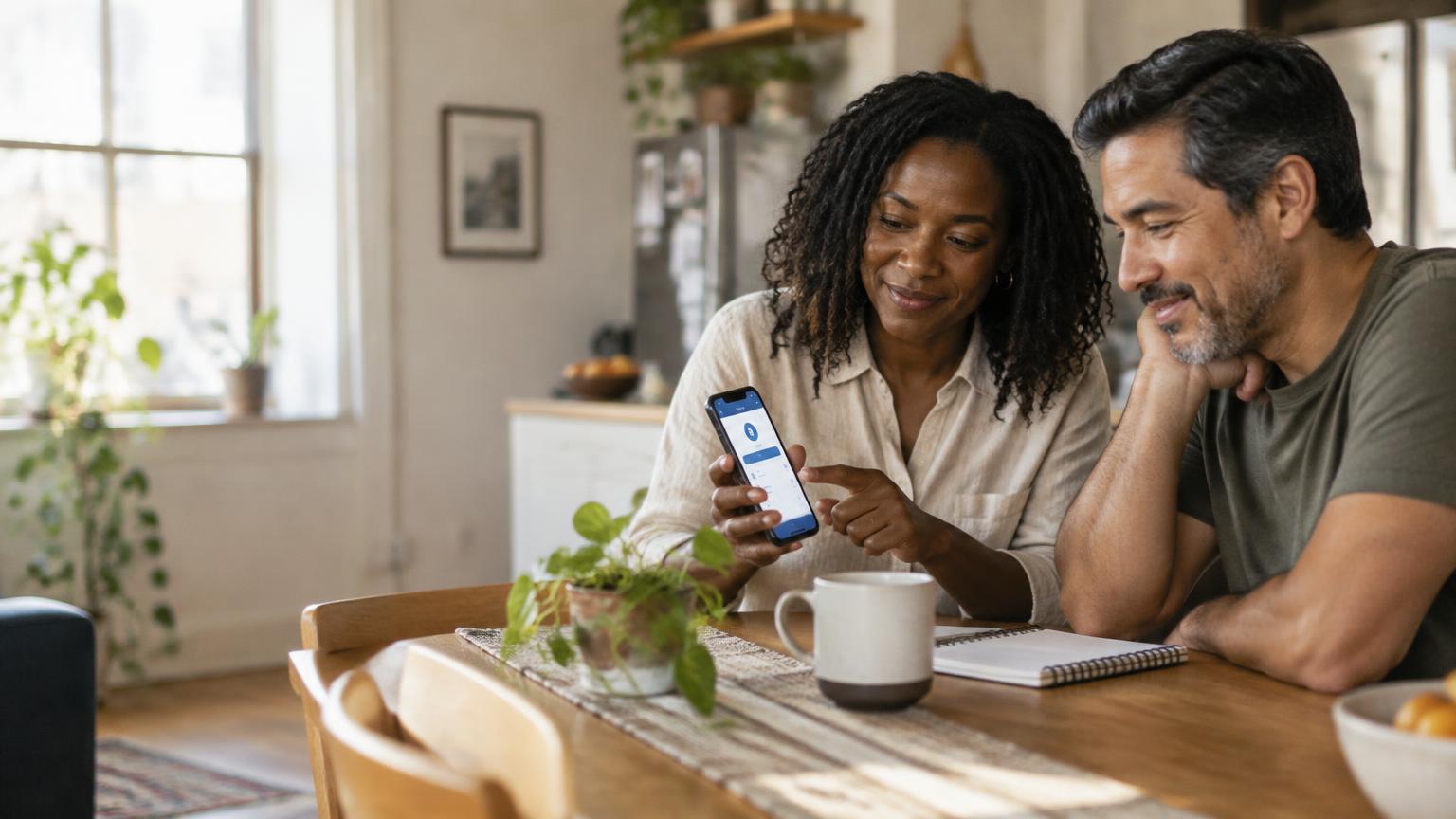 Two friends at a kitchen table reviewing a payment on a phone together